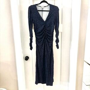 Boden size US 8 Navy with black floral Jersey Knit midi dress EUC V Neck